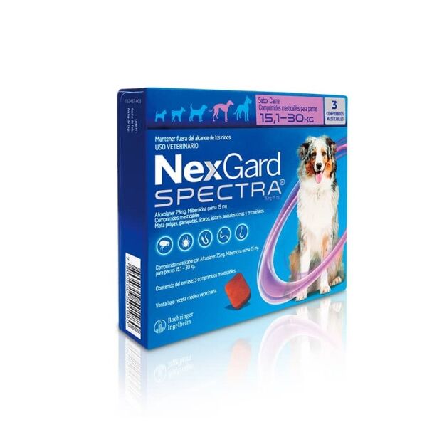 <strong>Nexgard SPECTRA</strong> Antiparasitario Interno y Externo para Perros, 15.1-30 kg, 3 comprimidos masticables (dosis mensuales)