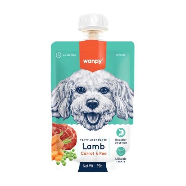 <strong>Wanpy</strong> Tasty Meat Paste, Snack Húmedo para Perros, Pasta de Cordero, Zanahoria y Arveja, pouch de 90 gr con tapa