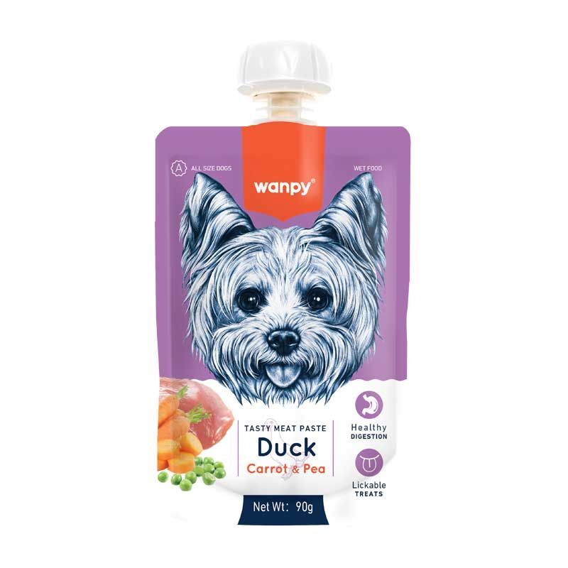 <strong>Wanpy</strong> Tasty Meat Paste, Snack Húmedo para Perros, Pasta de Pato, Zanahoria y Arveja, pouch de 90 gr con tapa