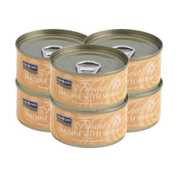 <strong>Fish 4 Cats</strong> Finest Alimento Húmedo para Gatos, Sardina con Camarones, 70 gr, 6 unidades, en lata