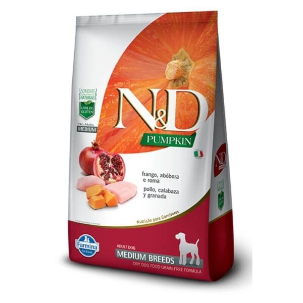 <strong>N&D</strong> Pumpkin Adult Medium Breed, Alimento Seco para Perros Adultos, Raza Mediana, Pollo, Calabaza y Granada, bolsa de 2.5 kg