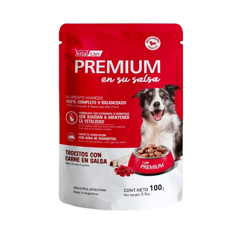 <strong>Vital Can Premium</strong> en su Salsa, Alimento Húmedo para Perro Adulto, Sabor a Trocitos con Carne en Salsa, Sachet de 100 gr