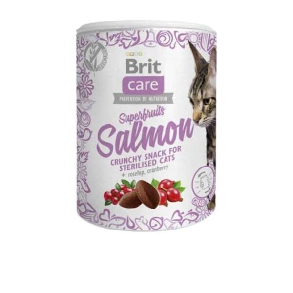 <strong>Brit Care</strong> Superfruits Salmón Cat, Snack Crocante para Gatos, Salmón con Superfrutas, tarro de 100 gr
