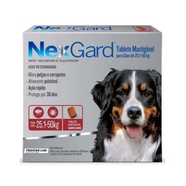 <strong>Nexgard</strong> Antiparasitario Externo para Perros, 25-50 kg, 1-3 comprimidos masticables (dosis mensuales)