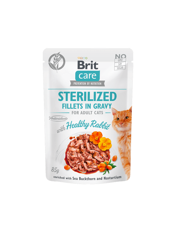 <strong>Brit Care</strong> Cat Sterilized Fillets in Gravy, Healthy Rabbit, Alimento Húmedo para Gatos, Conejo, pouch de 85 gr