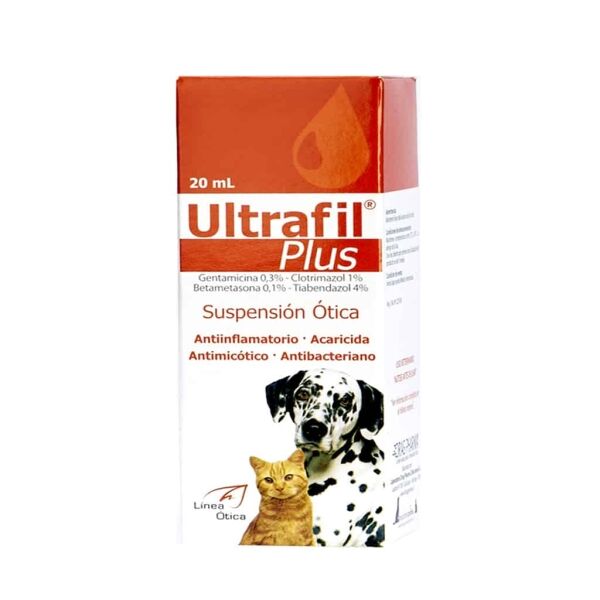 <strong>Ultrafil</strong> Plus Solución Ótica, Tratamiento Otitis, Bacterias, Hongos, Inflamación y Ácaros de Oídos para Perros y Gatos, frasco de 20 ml