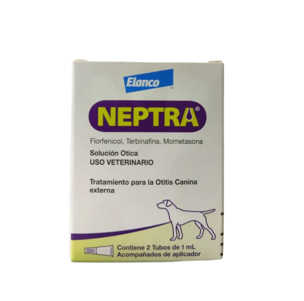 <strong>Neptra</strong> (florfenicol-mometasona-terbinafina) Solución Ótica, Tratamiento de Otitis para Perros, 2 tubos de 1 ml