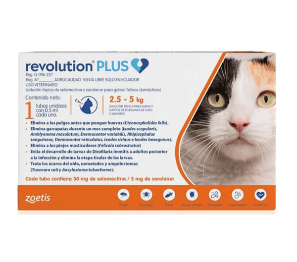 <strong>Revolution PLUS</strong> Solución Tópica, Antiparasitario Interno y Externo para Gatos, 2.5-5 kg, 1 pipeta de 0.5 ml (dosis mensual)