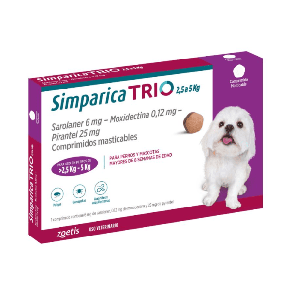 <strong>Simparica TRIO</strong> Antiparasitario Externo para Perros, 2.5-5kg, 1-3 comprimidos masticables (dosis mensuales)