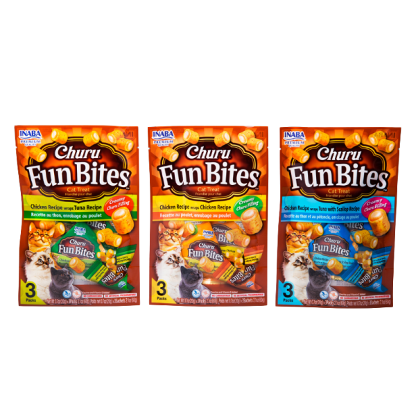 <strong>Inaba</strong> Churu Cat Fun Bites, Snack para Gatos, Bocados de Pollo Rellenos de Churu, Variedades Pollo, Atún y Ostión, 3 sachets de 3 unidades, bolsa de 60 gr