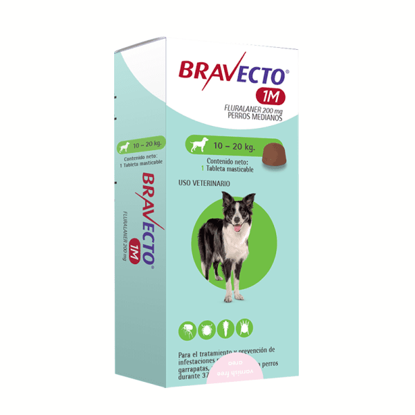 <strong>Bravecto</strong> 1M, Antiparasitario Externo para Perros, 10-20 kg, 1 comprimido masticable (dosis mensual)