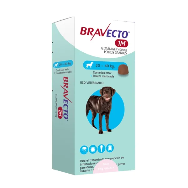 <strong>Bravecto</strong> 1M, Antiparasitario Externo para Perros, 20-40 kg, 1 comprimido masticable (dosis mensual)