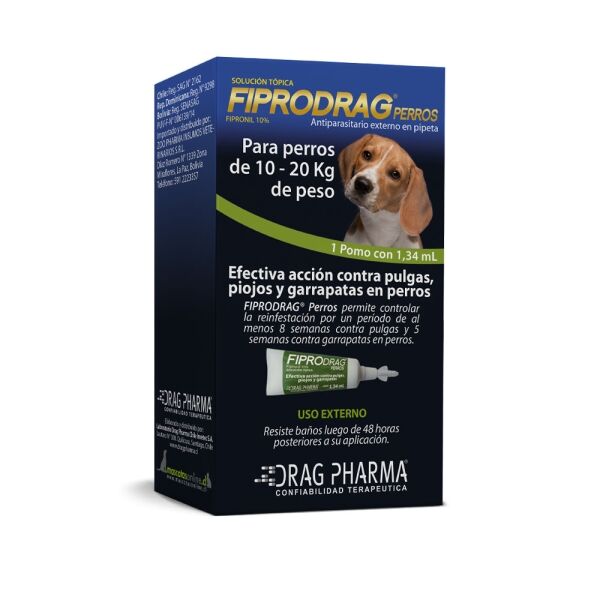 <strong>Fiprodrag</strong> Perros Solución Tópica, Antiparasitario Externo para Perros, 10-20 kg, 1 pipeta de 1.34 ml (dosis mensual)