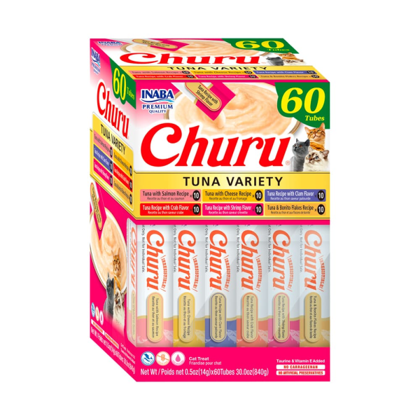 <strong>Inaba</strong> Churu Cat Tuna Variety, Snack Húmedo para Gatos, Variedades de Atún, caja de 60 unidades