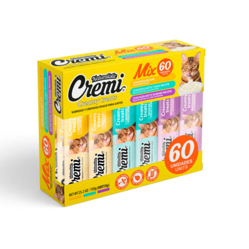 <strong>Naturalistic</strong> Cremi Mix, Snack Húmedo para Gatos, Pack Variedades de Pollo, Atún Camarón Pollo, caja de 60 unidades