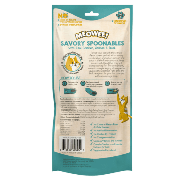 <strong>Meowee!</strong> Savory Spoonables Snack Húmedo para Gatos con Cuchara, Pollo Salmón Pato Real, Tubo Exprimible, 4 unidades - Imagen 2