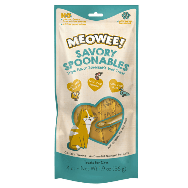 <strong>Meowee!</strong> Savory Spoonables Snack Húmedo para Gatos con Cuchara, Pollo Salmón Pato Real, Tubo Exprimible, 4 unidades