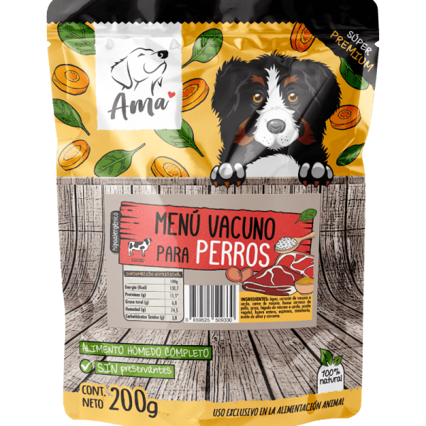 <strong>Ama</strong> Menú Vacuno, Alimento Húmedo Completo para Perros, sachet de 200 gr
