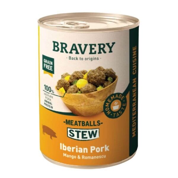 <strong>Bravery</strong> Meatballs Stew Iberian Pork, Alimento Húmedo para Perros, Estofado de Albóndigas de Cerdo Ibérico, lata 415 gr