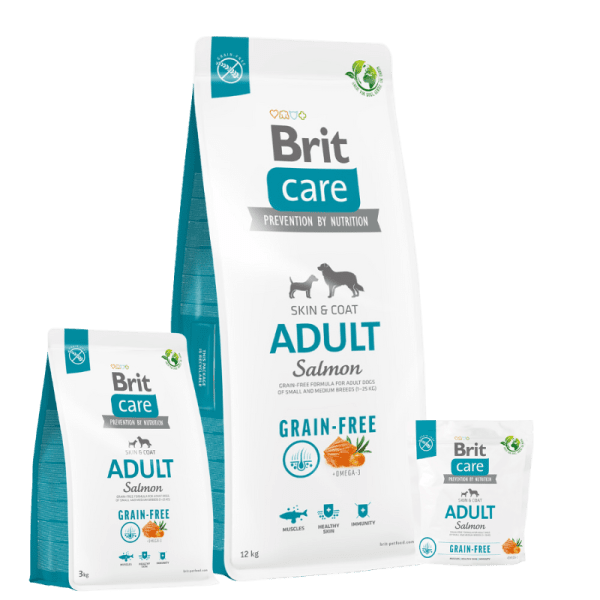 <strong>Brit Care</strong> Grain Free Adult, Alimento Seco para Perros Adultos, Salmón Libre de Granos, Razas Pequeñas y Medianas, bolsa de 1-3-12 kg