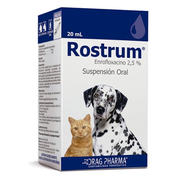 <strong>Rostrum</strong> Suspensión Oral (Enrofloxacino 2.5%), Antibiótico para Perros y Gatos, frasco de 20 ml (RECETA RETENIDA)