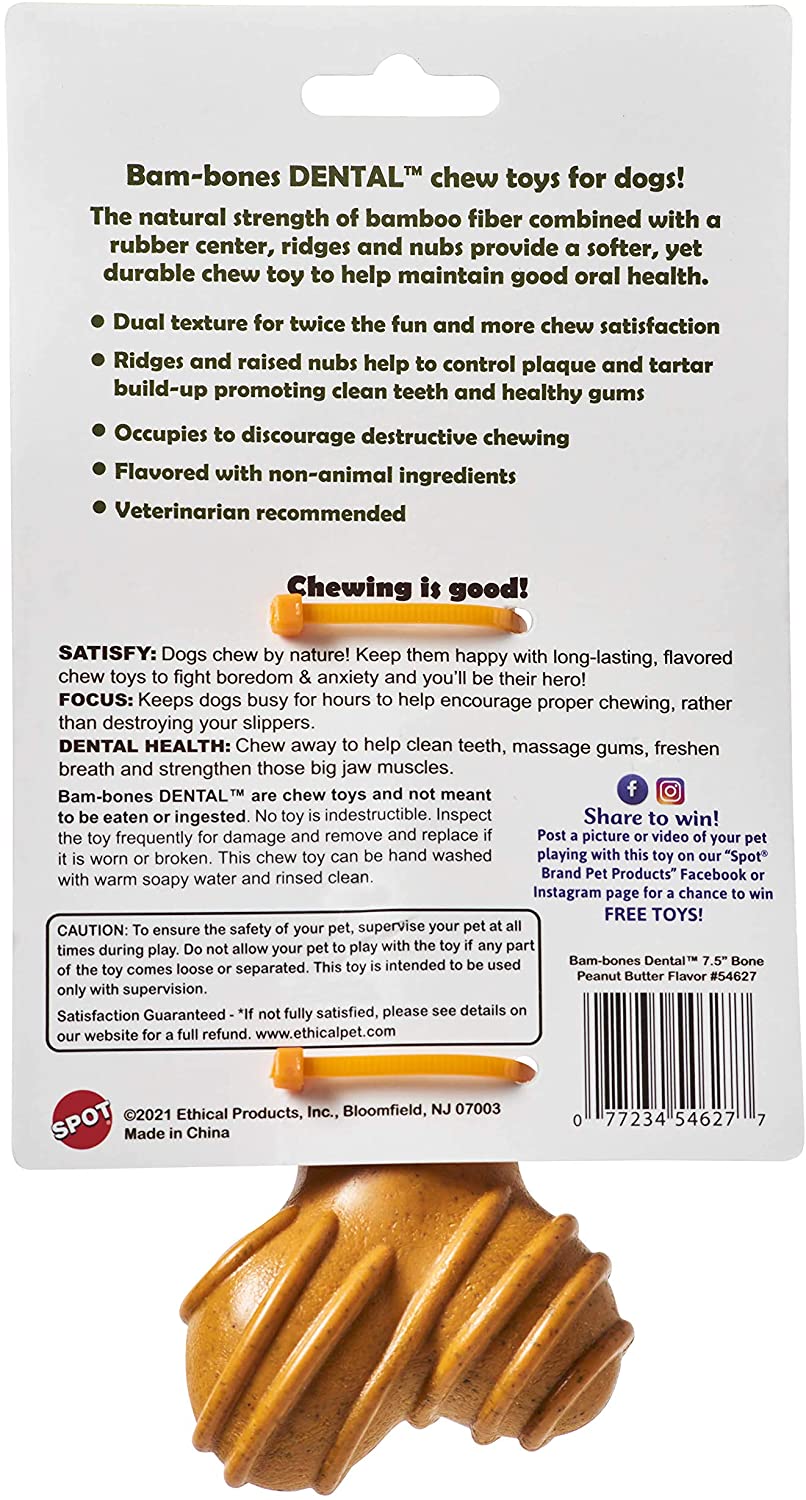 <strong>SPOT</strong> Bam-Bones Dental Hueso, Juguete Dental para Masticar Resistente con Sabor a Mantequilla de Maní para Perros - Imagen 2