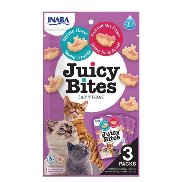 <strong>Inaba</strong> Juicy Bites, Snack Suave y Húmedo para Gatos, Camarón y Mariscos, 3 sachets de 11 gr