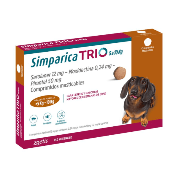 <strong>Simparica TRIO</strong> Antiparasitario Externo para Perros, 5-10 kg, 1-3 comprimidos masticables (dosis mensuales)