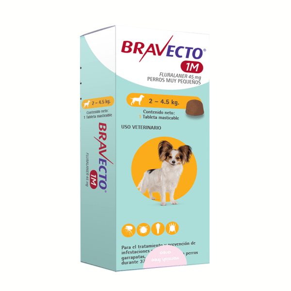 <strong>Bravecto</strong> 1M, Antiparasitario Externo para Perros, 2-4.5 kg, 1 comprimido masticable (dosis mensual)