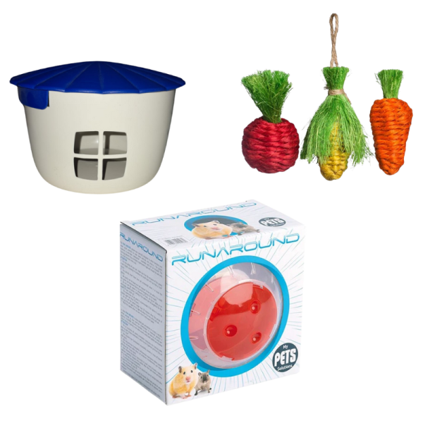 <strong>Pack para Roedores:</strong> Bola de Ejercicios + Refugio + Juguetes de Pasto