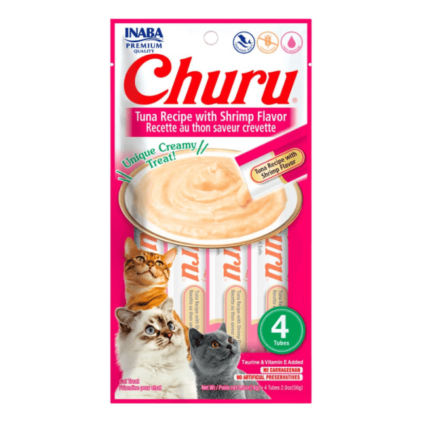 <strong>Inaba</strong> Churu Cat, Snack Húmedo para Gatos, Sabor Atún con Camarón, 4 tubos exprimibles, bolsa de 56 gr