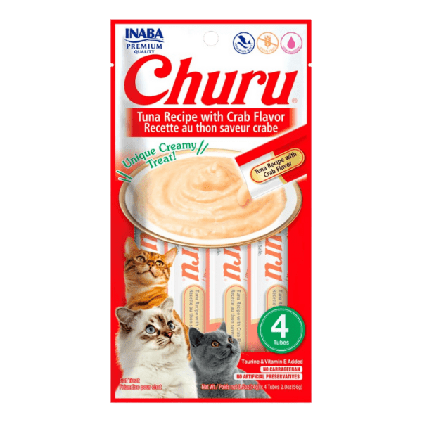 <strong>Inaba</strong> Churu Cat, Snack Húmedo para Gatos, Sabor Atún con Cangrejo, 4 tubos exprimibles, bolsa de 56 gr