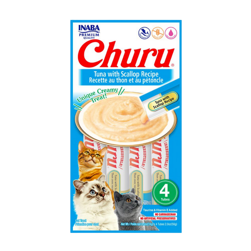 <strong>Inaba</strong> Churu Cat, Snack Húmedo para Gatos, Sabor Atún con Ostion, 4 tubos exprimibles, bolsa de 56 gr