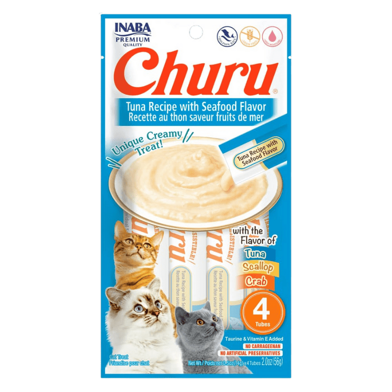 <strong>Inaba</strong> Churu Cat, Snack Húmedo para Gatos, Sabor Atún con Mariscos, 4 tubos exprimibles, bolsa de 56 gr