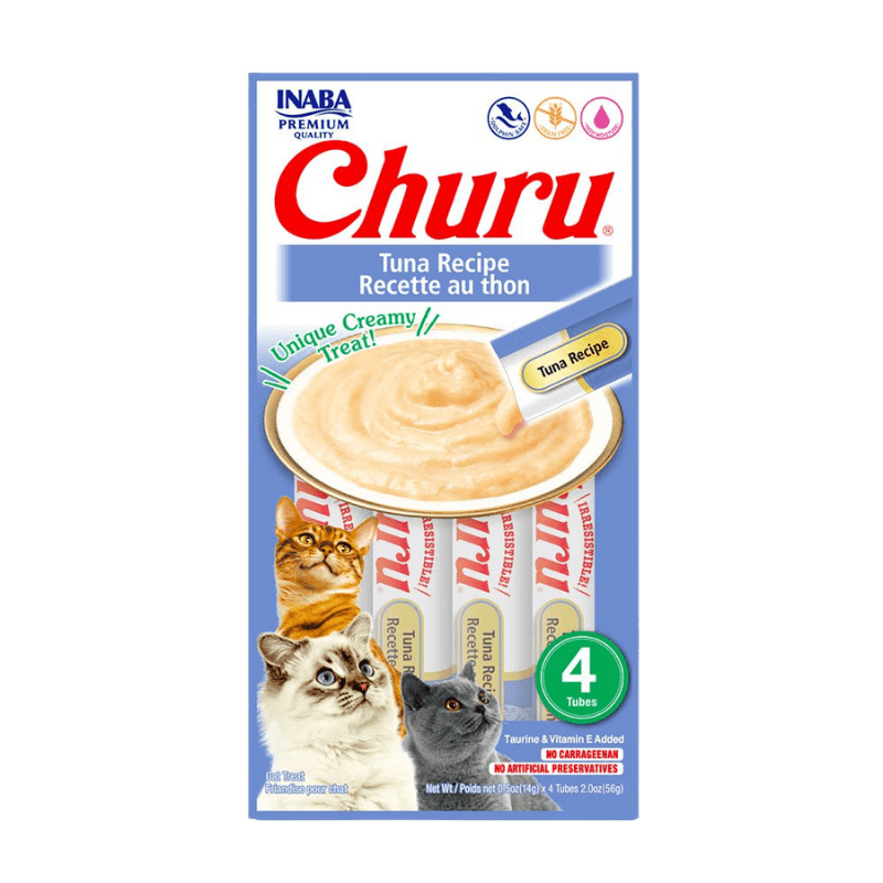 <strong>Inaba</strong> Churu Cat, Snack Húmedo para Gatos, Sabor Atún, 4 tubos exprimibles, bolsa de 56 gr