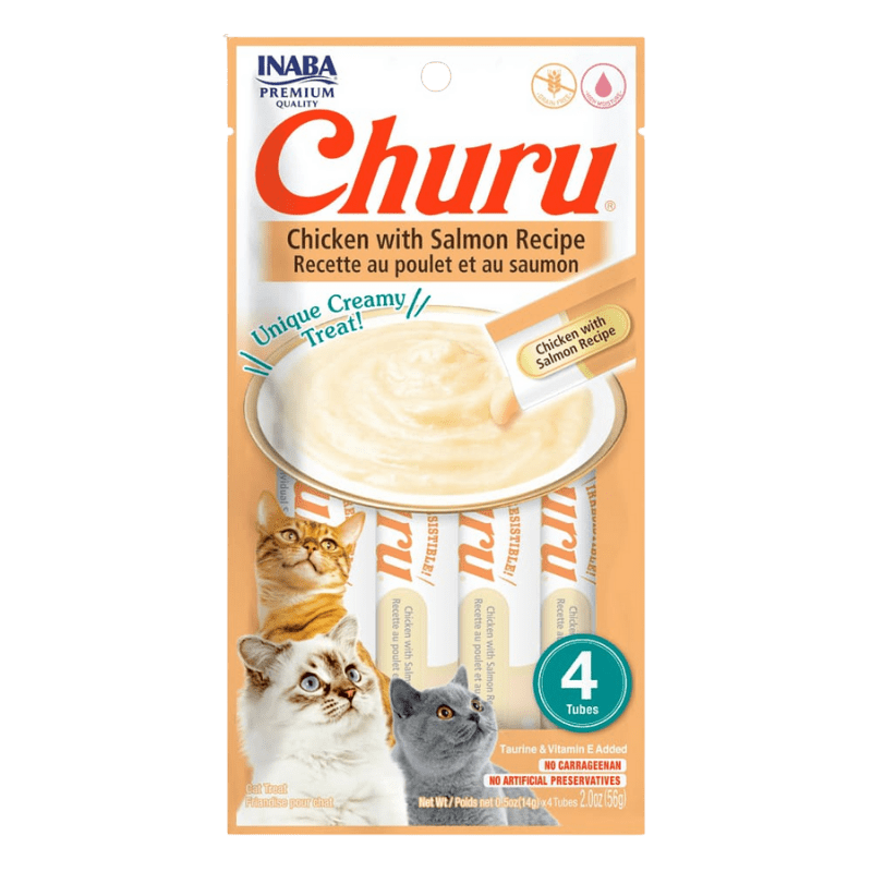 <strong>Inaba</strong> Churu Cat, Snack Húmedo para Gatos, Sabor Pollo con Salmón, 4 tubos exprimibles, bolsa de 56 gr