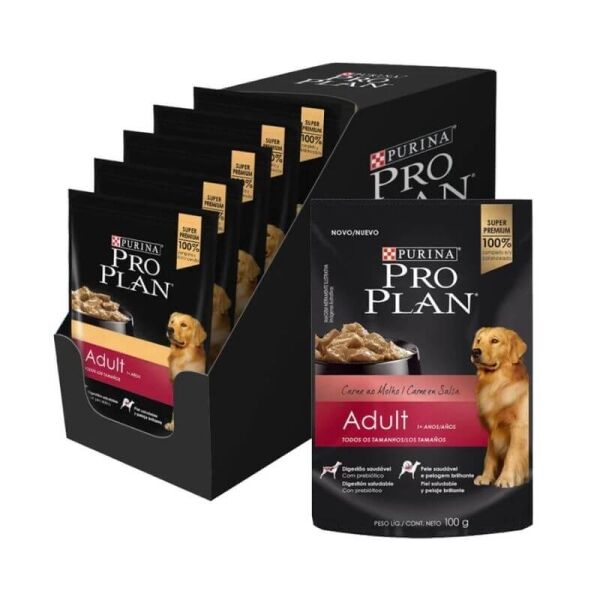 <strong>Pack: Purina Pro Plan</strong> Alimento Húmedo para Perros Adultos, Carne, 15 pouch de 100 gr