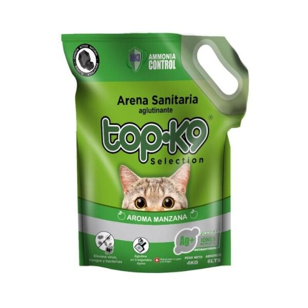 <strong>Top-K9</strong> Iones de Plata, Arena Sanitaria Aglutinante para Gatos, Aroma Manzana, Bolsa de 4 kg