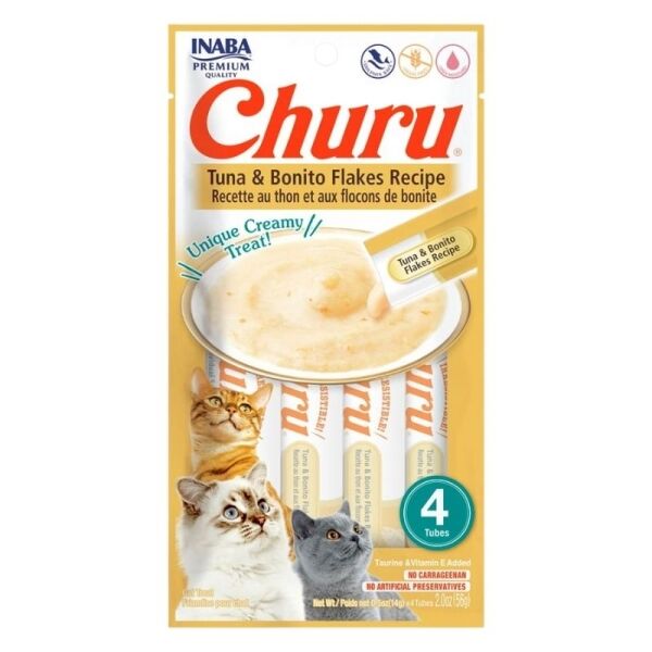 <strong>Inaba</strong> Churu Cat, Snack Húmedo para Gatos, Sabor Atún con Hojuelas de Bonito, 4 tubos exprimibles, bolsa de 56 gr
