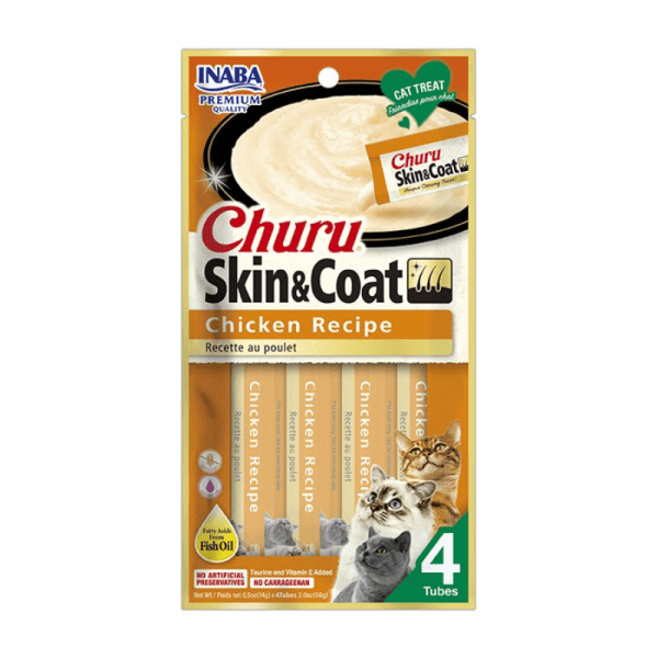 <strong>Inaba</strong> Churu Cat Skin & Coat, Snack Húmedo para Gatos, Pollo con Ostión, Salud Piel y Pelaje, 4 tubos exprimibles, bolsa de 56 gr