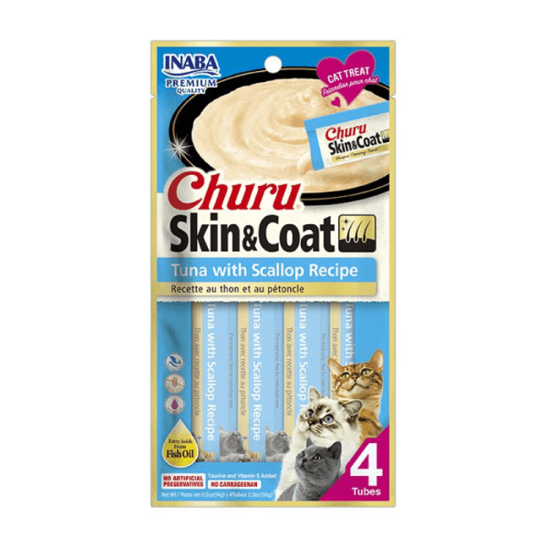 <strong>Inaba</strong> Churu Cat Skin & Coat, Snack Húmedo para Gatos, Atún con Ostión, Salud Piel y Pelaje, 4 tubos exprimibles, bolsa de 56 gr