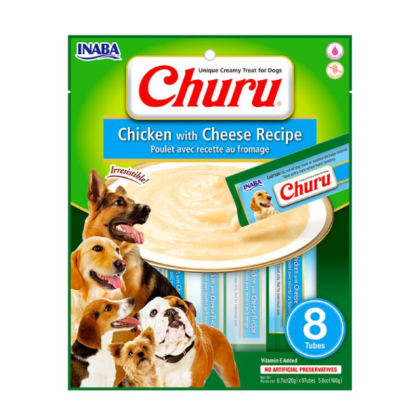 <strong>Inaba</strong> Churu Dog, Snack Húmedo para Perros, Pollo con Queso, 8 tubos exprimibles, bolsa de 160 gr
