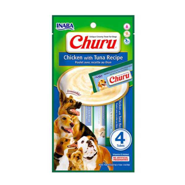 <strong>Inaba</strong> Churu Dog, Snack Húmedo para Perros, Pollo con Atún, 4 tubos exprimibles, bolsa de 56 gr