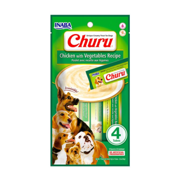 <strong>Inaba</strong> Churu Dog, Snack Húmedo para Perros, Pollo con Vegetales, 4 tubos exprimibles, bolsa de 56 gr