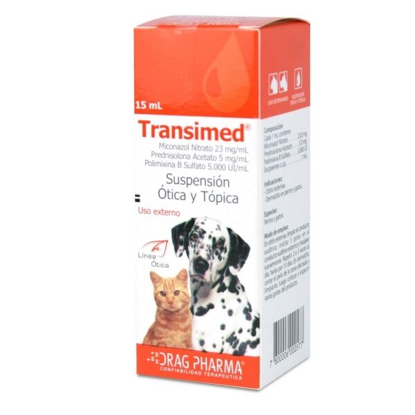 <strong>Transimed</strong> Solución Tópica y Ótica, Tratamiento Dermatitis y Otitis para Perros y Gatos, frasco de 15 ml