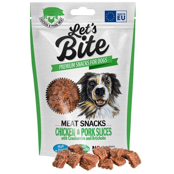 <strong>Brit</strong> Let's Bite Meat Snacks Chicken & Pork Slices, Snack para Perros, Bocados de Pollo y Cerdo, bolsa de 80 gr