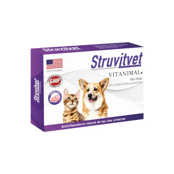 <strong>Struvitvet</strong> Suplemento Natural Cuidado Urinario, Prevención y Disolución de Cristales para Perros y Gatos, caja de 10-30 comprimidos palatables