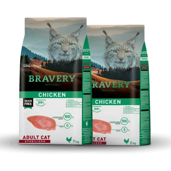 <strong>Bravery</strong> Chicken Adult Cat Sterilized, Alimento Seco para Gatos Adultos Esterilizados, Pollo, bolsa de 2 y 7 kg