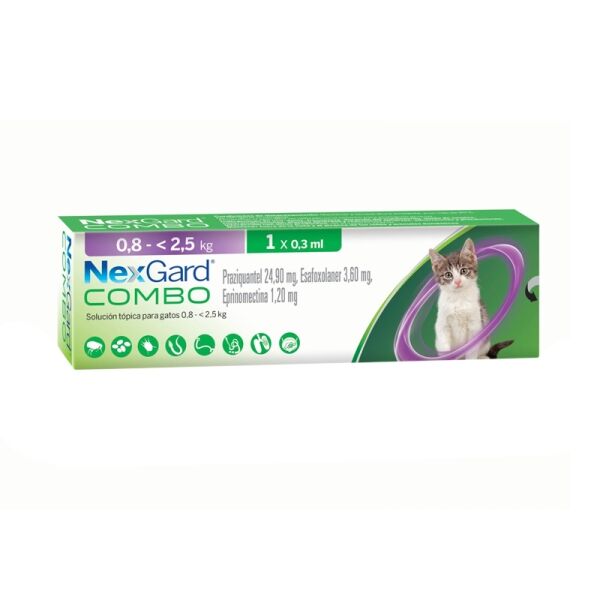 <strong>Nexgard COMBO</strong> Solución Tópica, Antiparasitario Interno y Externo para Gatos, 0.8-2.5 kg, 1 pipeta de 0.3 ml (dosis mensual)