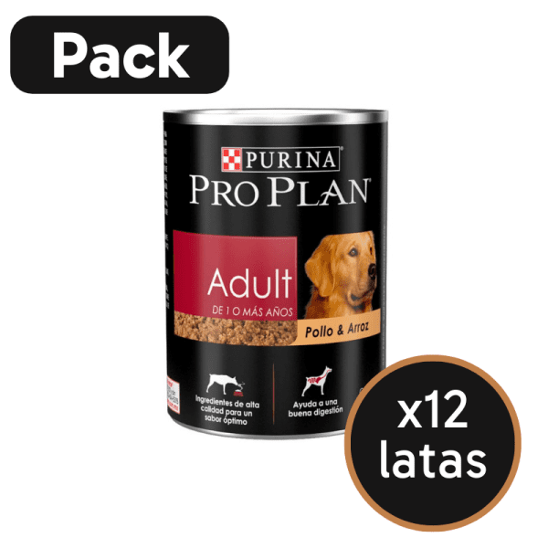 <strong>Purina Pro Plan</strong> Alimento Húmedo para Perros, Adulto, Pollo y Arroz, 368 gr por lata, pack de 12 latas